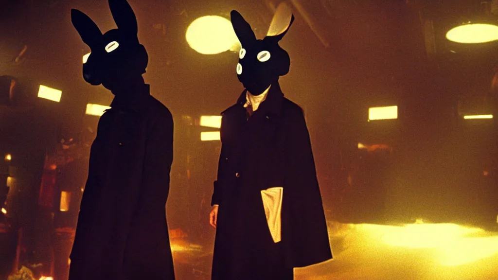 Image similar to a man in a trench coat wearing a black rabbit mask standing in a cyberpunk club on the dance floor , film still from the an anime directed by Katsuhiro Otomo with art direction by Salvador Dalí, wide lens