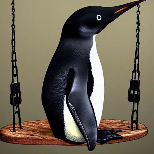 Image similar to realistic penguin sitting on a swing, hyper detailed, trending on artstation