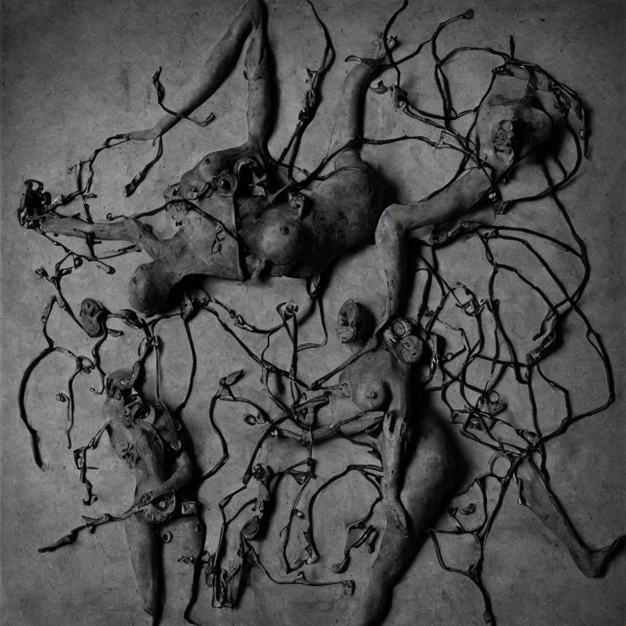 Prompt: extreme harsh lighting antique photograph of biomorphic surreal sculpture of a body of a survivor in mourning, made of black plaster and old circuitry and stained with charcoal, fractal 3 d structure, sculpted by alexander rodchenko and eva hesse, photographed by francesca woodman, tragic grainy high contrast shocking detail trending on artstation 8 k