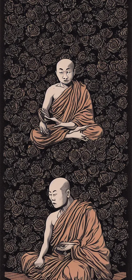 Prompt: Serente Buddhist Monk experiencing ego death | red roses | 19th century wood-engraving , whole page illustration , rule of third, art in the style of greg rutkowski and thomas kinkade and Larry Elmore