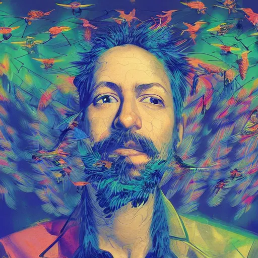 Prompt: a joyful hacker with a subtle beard is surrounded by birds, neon virtual networks, and information visualization, oil on canvas inspired by dave mckean and yoji shinkawa