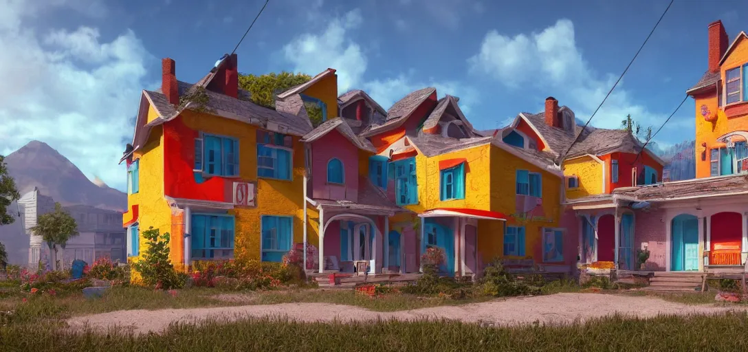 Prompt: retro house concept art, colorful, 8 k photorealistic, hd, high details, trending on artstation