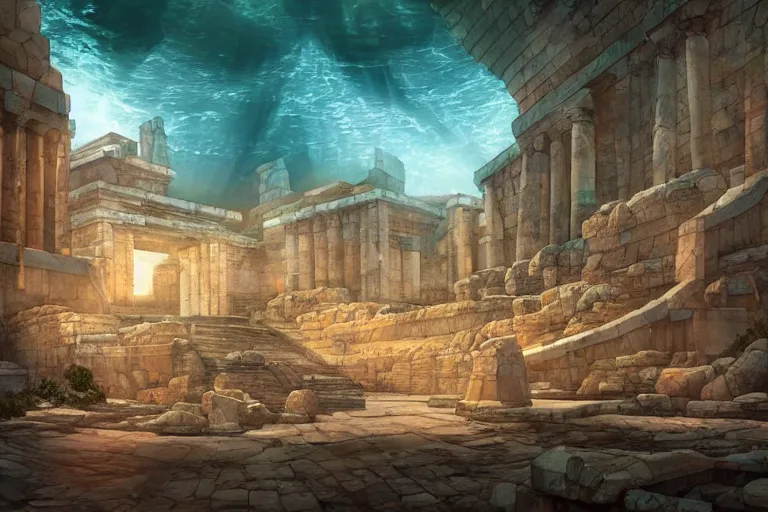 Prompt: a low angle of the ancient city of atlantis with inhabitants, in the style of lebbeus woods, ultra realistic, atmosphere glow, detailed intricate, colorful, cinematic lighting, unreal engine, god lighting