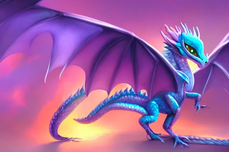 Image similar to full body digital illustration of a baby dragon with iridescent wings, pastel color scheme, concept art, matte background, deviantArt, artstation, artstation HQ, HD, 4k resolution