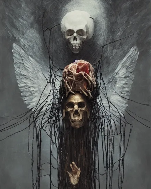 Image similar to an angel with a skull made of meat and webs for the head, organic painting, dark, bold shapes, by greg rutkowski, by satoshi kon, by caravaggio, trending on artstation, dramatic lighting, horror, angelical