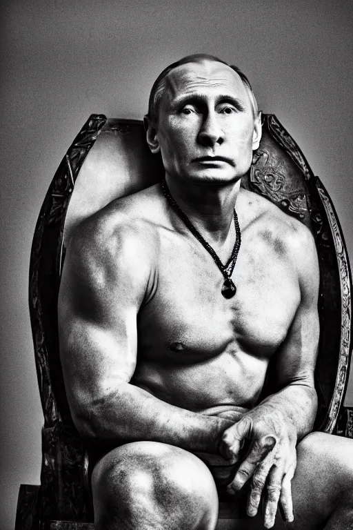 Image similar to A photo of vladimir putin the barbarian sitting on his throne, award winning photography, sigma 85mm Lens F/1.4, perfect faces