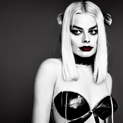 Image similar to a beautiful medium - shot of margot robbie as harley quinn looking for into the distance, beautiful backlight, focus on her face, bokeh, by terry richardson