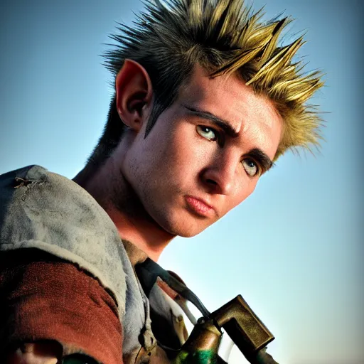 Prompt: close up headshot of a skinny high-fantasy elf with a long face narrow chin and spiky blonde hair wearing dark brown overalls and holding a bomb next to a destroyed car, gel spiked hair, high resolution film still, HDR color