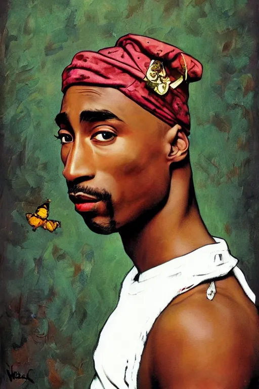 Image similar to Tupac, illustrated in whimsical style, Illustration by Norman Rockwell, loish, oil painting,