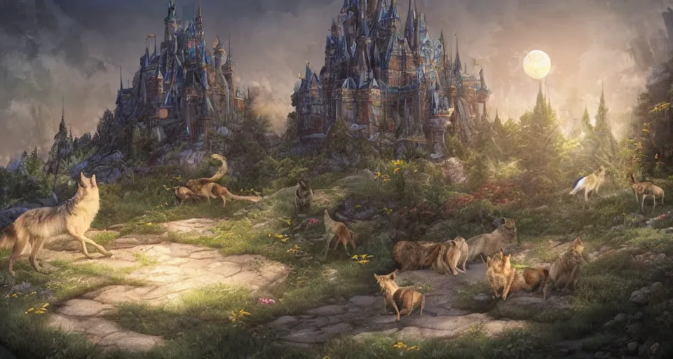 Prompt: wolves and their treasures - fantasy castle in astral landscape, trending on artstation, illustration, digital painting, highly detailed render by studio ghibli