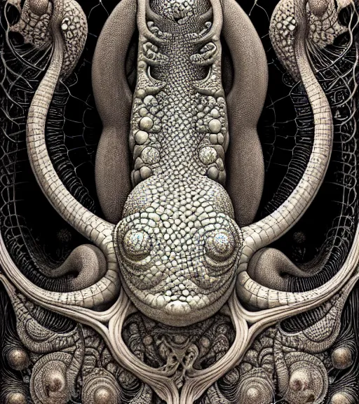 Image similar to detailed realistic beautiful gecko goddess face portrait by jean delville, gustave dore, iris van herpen and marco mazzoni, art forms of nature by ernst haeckel, art nouveau, symbolist, visionary, gothic, neo - gothic, pre - raphaelite, fractal lace, intricate alien botanicals, ai biodiversity, surreality, hyperdetailed ultrasharp octane render