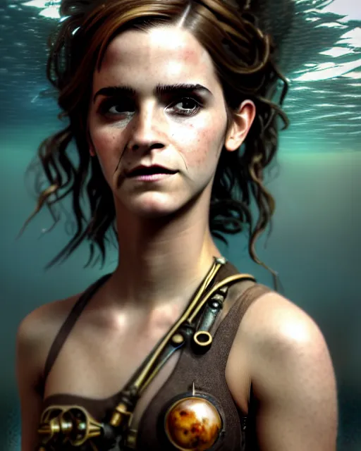 Image similar to underwater steampunk biopunk portrait of emma watson, au naturel, hyper detailed, digital art, trending in artstation, cinematic lighting, studio quality, smooth render, unreal engine 5 rendered, octane rendered, art style by klimt and nixeu and ian sprigger and wlop and krenz cushart.