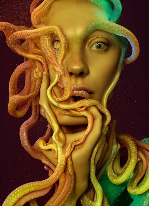 Image similar to subsurface scattering, medusa made of soft wax, cgsociety, translucent, organic squid and ceramic art nouveau swirls, golden orbs, colored smoke, in the style of alberto seveso and ruan jia and beeple and giger, mystical colors, back light, rim light, dramatic lighting, 8 k, stunning scene, raytracing, octane render