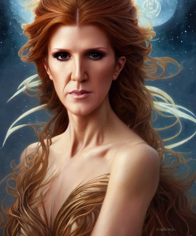 Image similar to Celin Dion as a fantasy magic woman portrait, sci-fi, amber eyes, face, long hair, fantasy, intricate, elegant, highly detailed, digital painting, artstation, concept art, smooth, sharp focus, illustration, art by artgerm and greg rutkowski and alphonse mucha