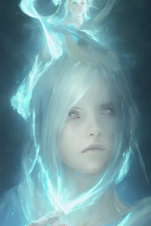 Image similar to a fancy portrait of a beautiful light mage enveloped in a light blue aura by Greg Rutkowski, Sung Choi, Mitchell Mohrhauser, Maciej Kuciara, Johnson Ting, Maxim Verehin, Peter Konig, final fantasy , mythical, 8k photorealistic, cinematic lighting, HD, high details, atmospheric,