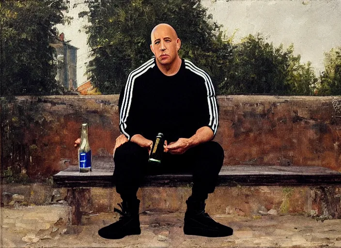 Image similar to vin diesel in black adidas sport costume, as gopnik character, sitting on a bench with a bottle of beer in the courtyard of a provincial russian town, oil on canvas, naturalism