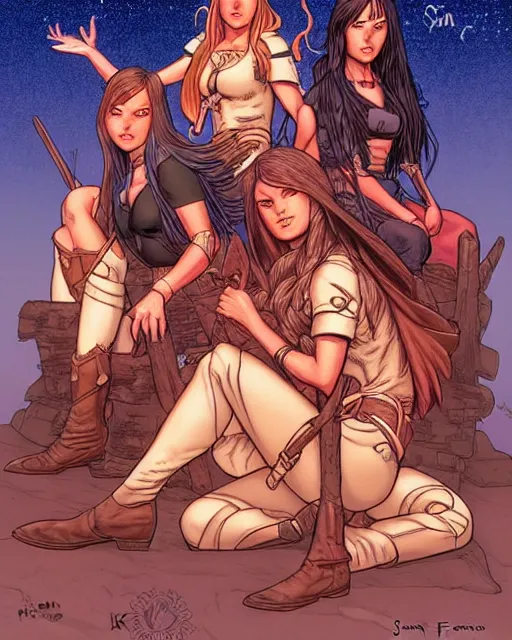 Prompt: fantasy comic cover art of a ( ( trio of cowgirls ) ) sitting around a bonfire, detailed faces, illustration by jenny frison and sana takeda and kenichi sonoda, intricate details, stunning inking lines, stunning gradient colors, 4 k, hd, artstation, award winning