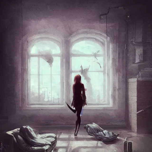 Image similar to window, woman, buildings, surprise, scared, couch by wlop, artgerm, greg rutkowski, evocative, highly detailed