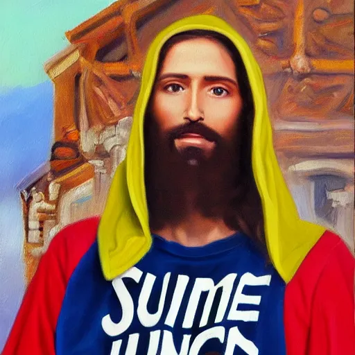 Prompt: an oil painting showing jesus wearing a supreme t - shirt underneath a gucci hoddie, 4 k, highly detailed