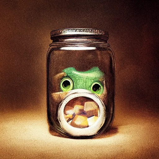 Image similar to cute monster in a jar by Greg Rutkowski, product photography, centered, studio lightning