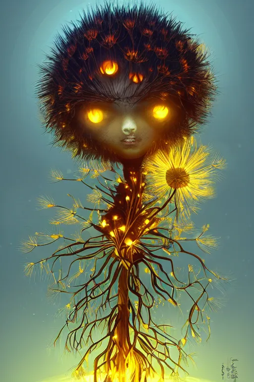 Image similar to a humanoid figure glowing dandelion plant monster, amber eyes, highly detailed, digital art, sharp focus, ambient lighting, autumn colours, trending on art station, anime art style