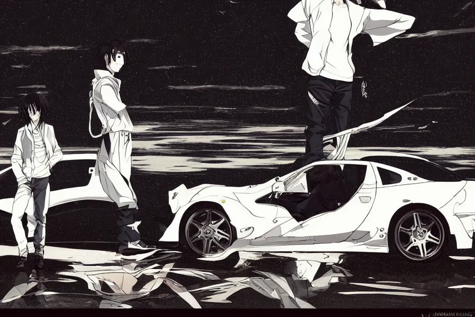 Image similar to aesthetic detailed illustration of ryosuke takahashi with black hair and white pants, standing by his white glossy mazda rx 7 on an empty highway at sunrise, cinematic lighting, initial d anime 1 0 8 0 p, detailed anime face, high detail, 9 0 s anime aesthetic, volumetric lights, rule of thirds, unreal engine 5 render, pinterest wallpaper, trending on artstation