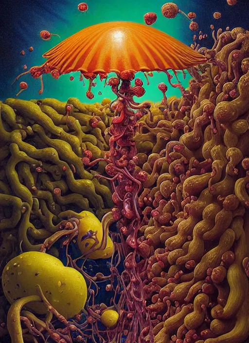 Image similar to hyper detailed Oil painting - Jimmy Carr Eats of the Strangling Fruit and His gossamer polyp blossoms bring iridescent fungal flowers whose spores black the foolish stars by Jacek Yerka, Mariusz Lewandowski, Abstract brush strokes, Masterpiece, Edward Hopper and James Gilleard, Zdzislaw Beksinski, Mark Ryden, Wolfgang Lettl, hints of Yayoi Kasuma