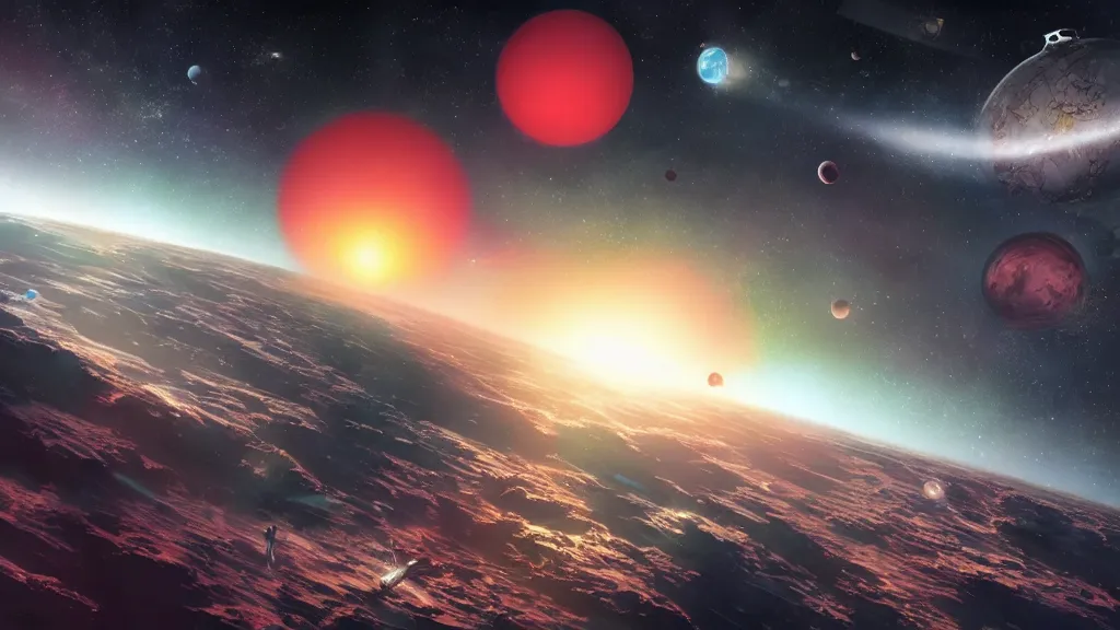 Prompt: very detailed, prophet graphic novel, ilya kuvshinov, rutkowski, simon roy, illustration of a malevolent planet viewed from space surrounded by space junk, wide shot, colorful, deep shadows,