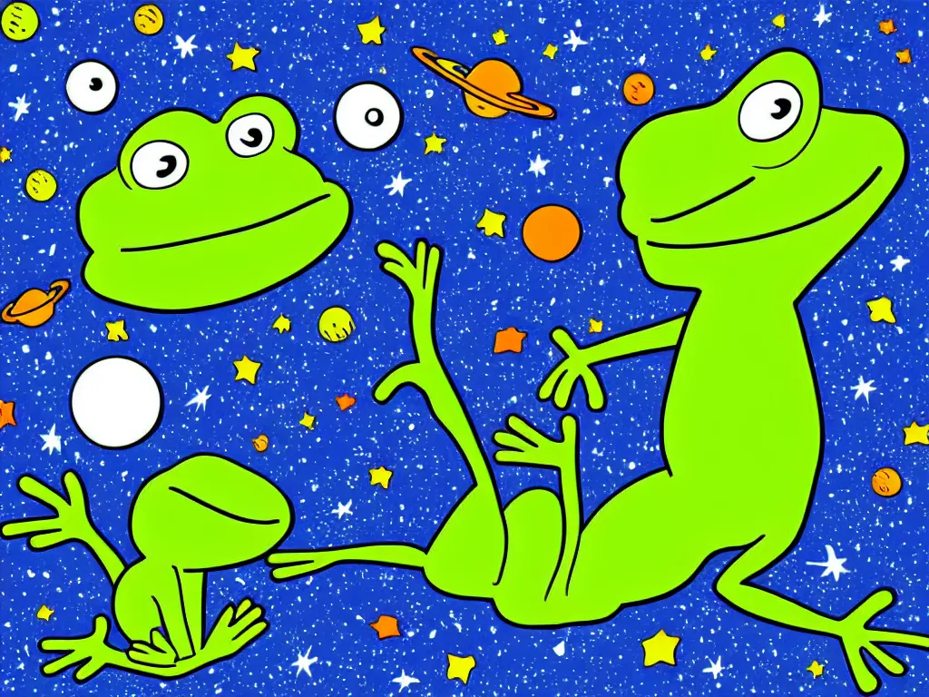 Image similar to happy pepe the frogs floating in space, cartoon illustration, detailed