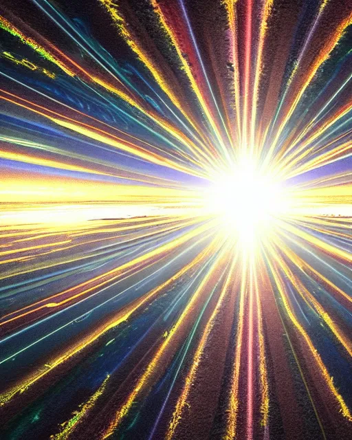 Image similar to shining beacon of light, technological singularity, supercomputer, by mitchell stuart, experimental, utopia, portals, rays of light, highly detailed, masterpiece, award winning