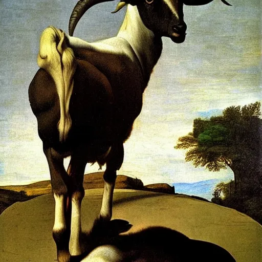 Prompt: majestic painting of a standing goat by Michelangelo Merisi da Caravaggio