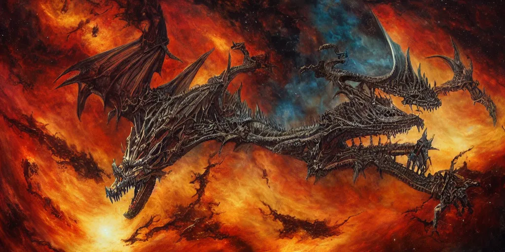 Prompt: a cinematic shot of a dragon skeleton in outer space, epic nebula, Dan Seagrave art