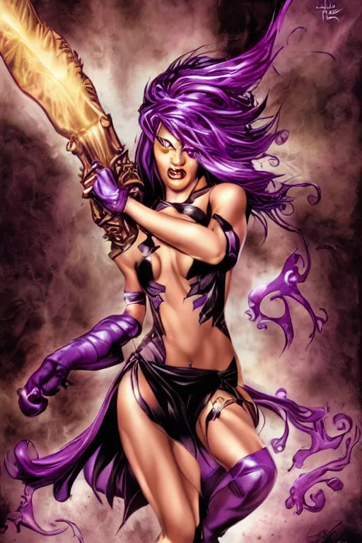 Prompt: purple catgirl with magic staff. beautiful face. dynamic full body pose. comic book splash page. Award winning. Simon Bisley.