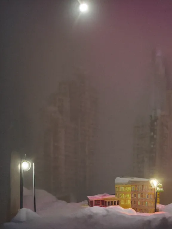 Image similar to small diorama a soviet residential building, pink volumetric lights are on in the windows, dark night, two man fighting for bottle of vodka on yard in front of building, cozy atmosphere, fog, cold winter, snowing, streetlamps with orange volumetric light, birches nearby,