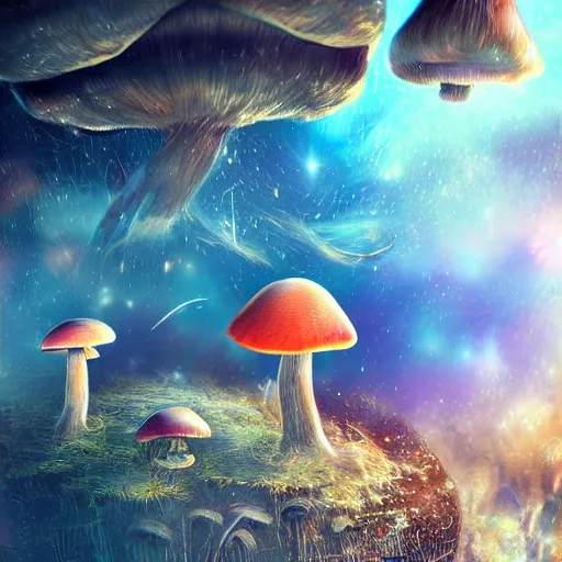 Prompt: mushrooms growing on a lost spaceship floating through the universe, 8k high definition digital art, trending on artstation