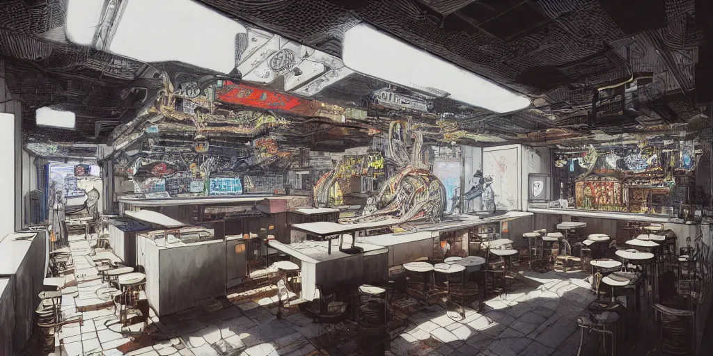 Image similar to Highly detailed realistic photo of interior design in style of minimalism by Hiromasa Ogura and Josan Gonzalez of detailed cyberpunk tavern with stone walls and neon lights, a lot of electronics and people, many details. Natural white sunlight from the transperient roof.