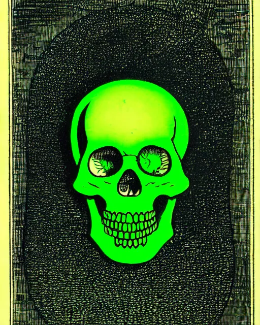 Image similar to illustration of a neon green skull floating over cubes from the dictionarre infernal, etching by louis le breton, 1 8 6 9, 1 2 0 0 dpi scan