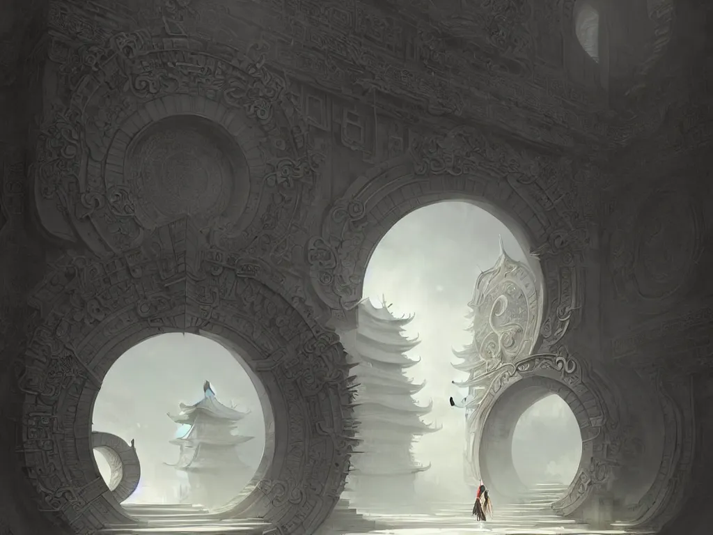 Image similar to circular gate in a white wall, leading to heaven. chinese architecture. fantasy. detailed. smooth. sharp focus. trending on artstation. artist greg rutkowski.