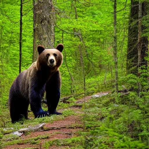 Image similar to a bear walking in the forrest. the bear is gigantic