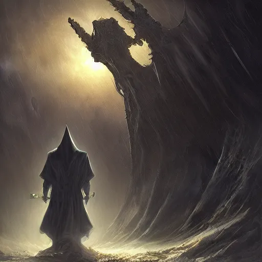 Image similar to ''cinematic shot'' of a necromancer hooded mage creating his army of undead foggy realism etmosferic casper david friedrich raphael lacoste vladimir kush leis royo volumetric light effect broad light oil painting painting fantasy art style sci - fi art style realism premium prints available artwork unreal engine