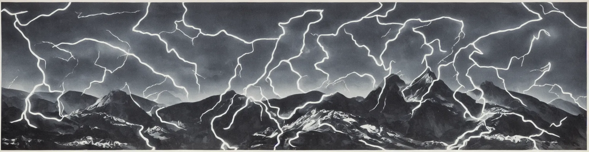 Image similar to balck montain with one lightning bolts in 1940s propaganda poster