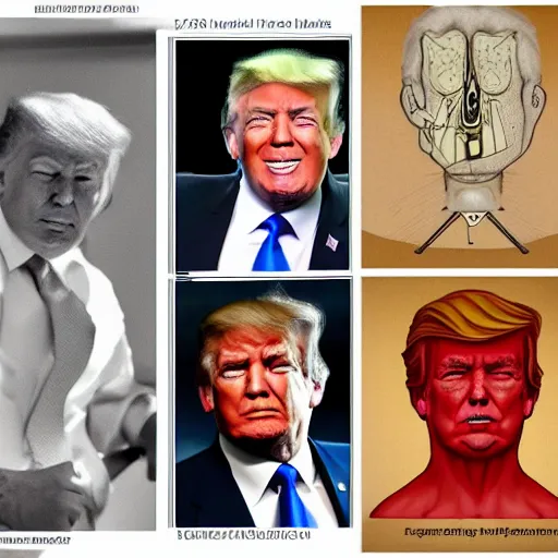 Prompt: scientific medical anatomy of Donald Trump, wearing adult diapers, different styles of art, very detailed, technical drawing,