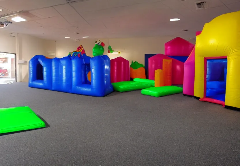 Image similar to A bouncy house with a ball pit and a black trampoline inside a big empty room with light coming through windows