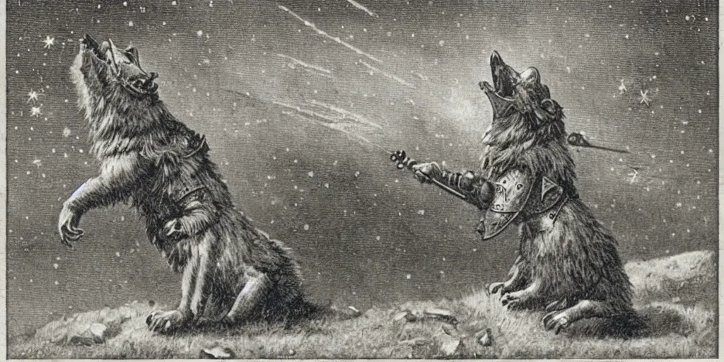 Image similar to anthropomorphic furry wolf in armor looking at the stars, 1900s picture