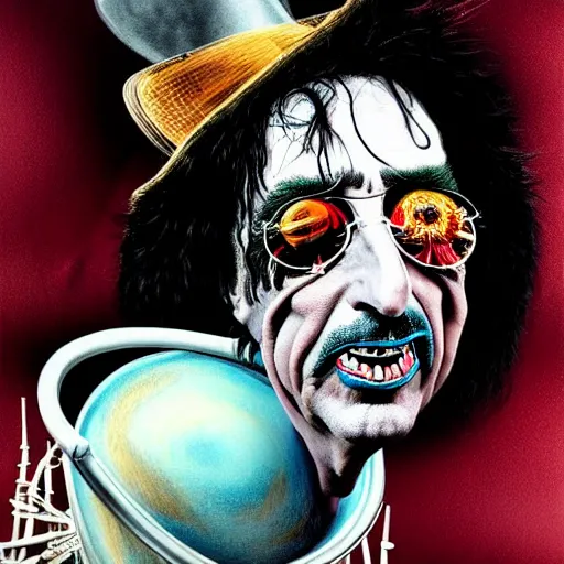 Prompt: graphic illustration, creative design, alice cooper as salvador dali, biopunk, francis bacon, highly detailed, hunter s thompson, concept art