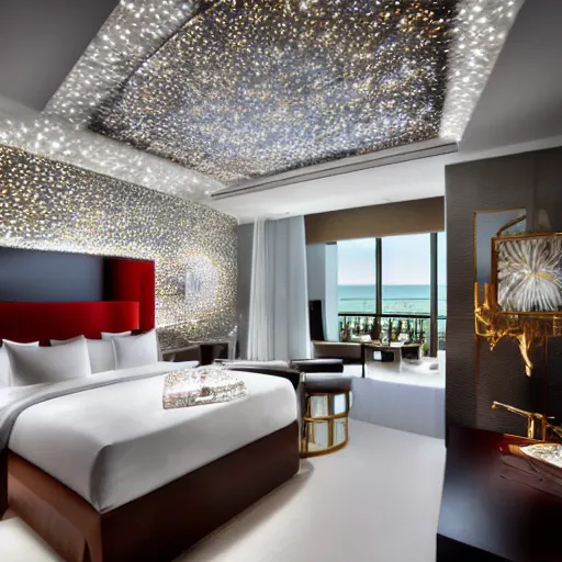 Image similar to bedroom at extremely expensive hotel in miami. high - fashion boutique hotel. dramatic art. detailed beautiful photography.