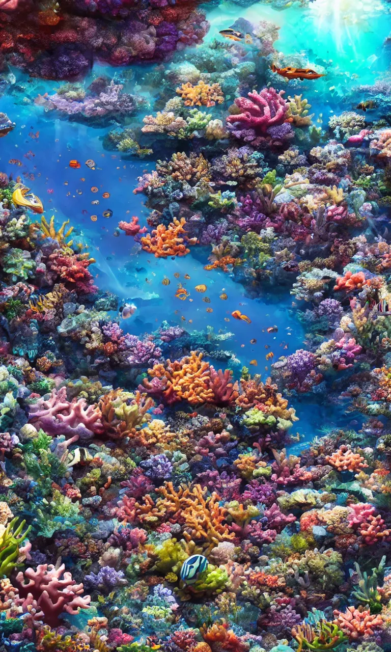 Prompt: a beautiful coral reef full of life and rays of light from the surface, trending on artstation, highly detailed, intricate detail, photorealistic, lifelike, realism, 8 k resolution, volumetric lighting, global illumination, specular highlights