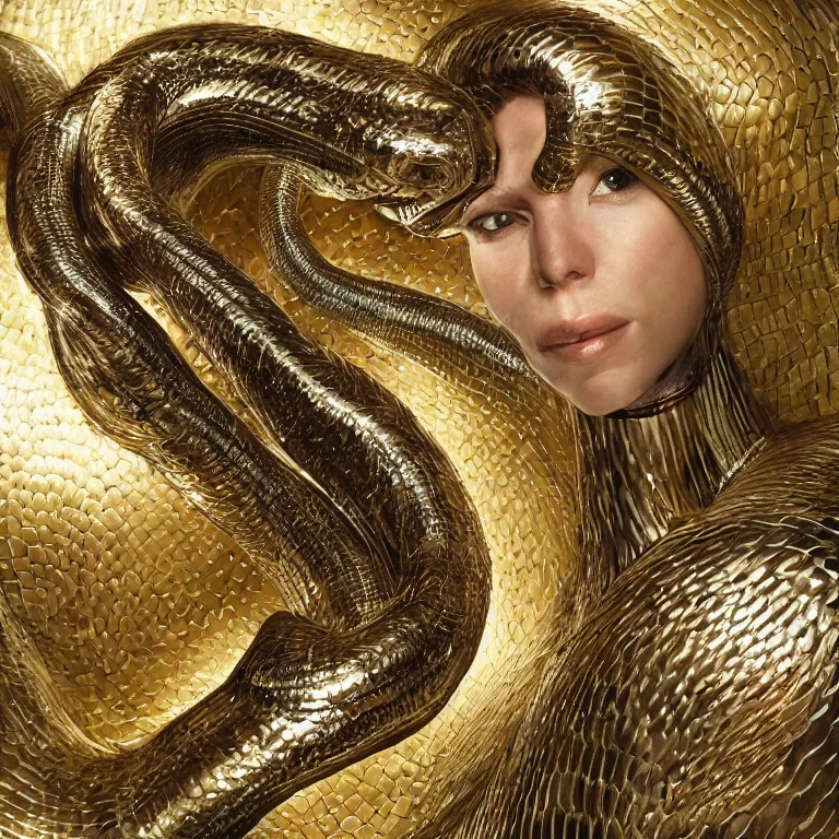 Image similar to low angle octane render portrait by wayne barlow and carlo crivelli and glenn fabry, a giant shiny reflective cyborg robotic boa constrictor wrapped tightly around a beautiful model in a shiny metallic jungle, very short depth of field, bokeh