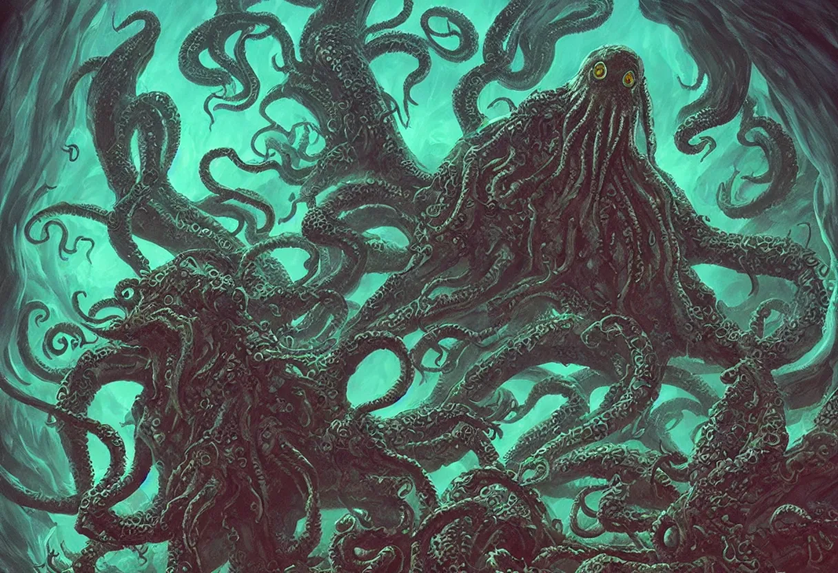 Image similar to cthulhu by Ghibli. UHD, amazing depth, cinematic lighting, epic scale, glowing rich colors, powerful imagery, concept art