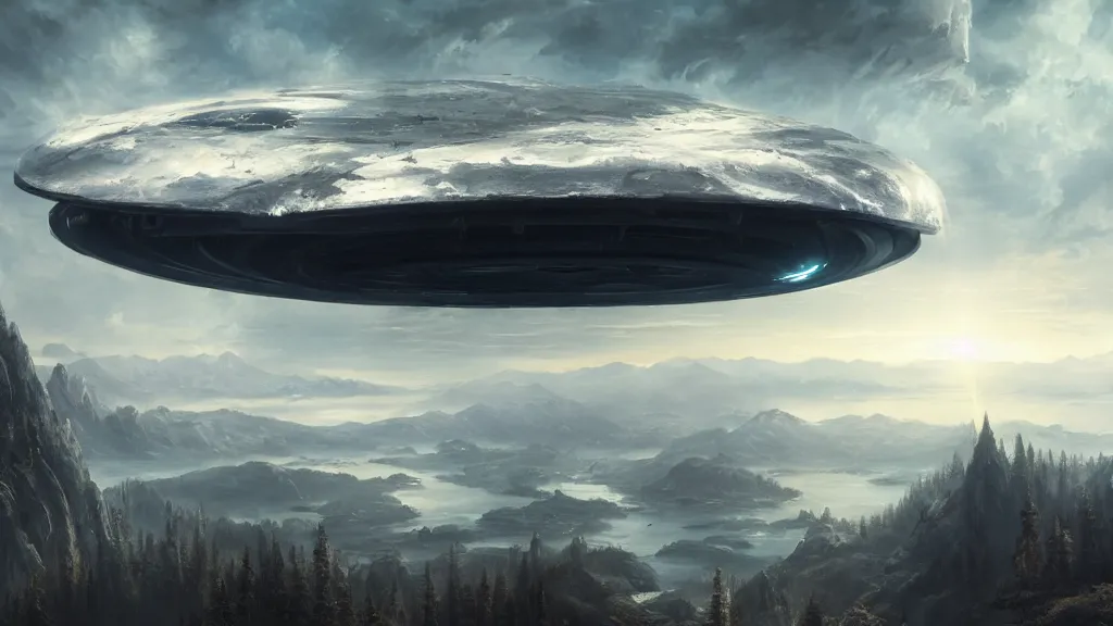 Image similar to alien mothership hovering over vancouver by eugene von guerard, ivan shishkin, dramatic lighting, concept art, trending on artstation, 8 k